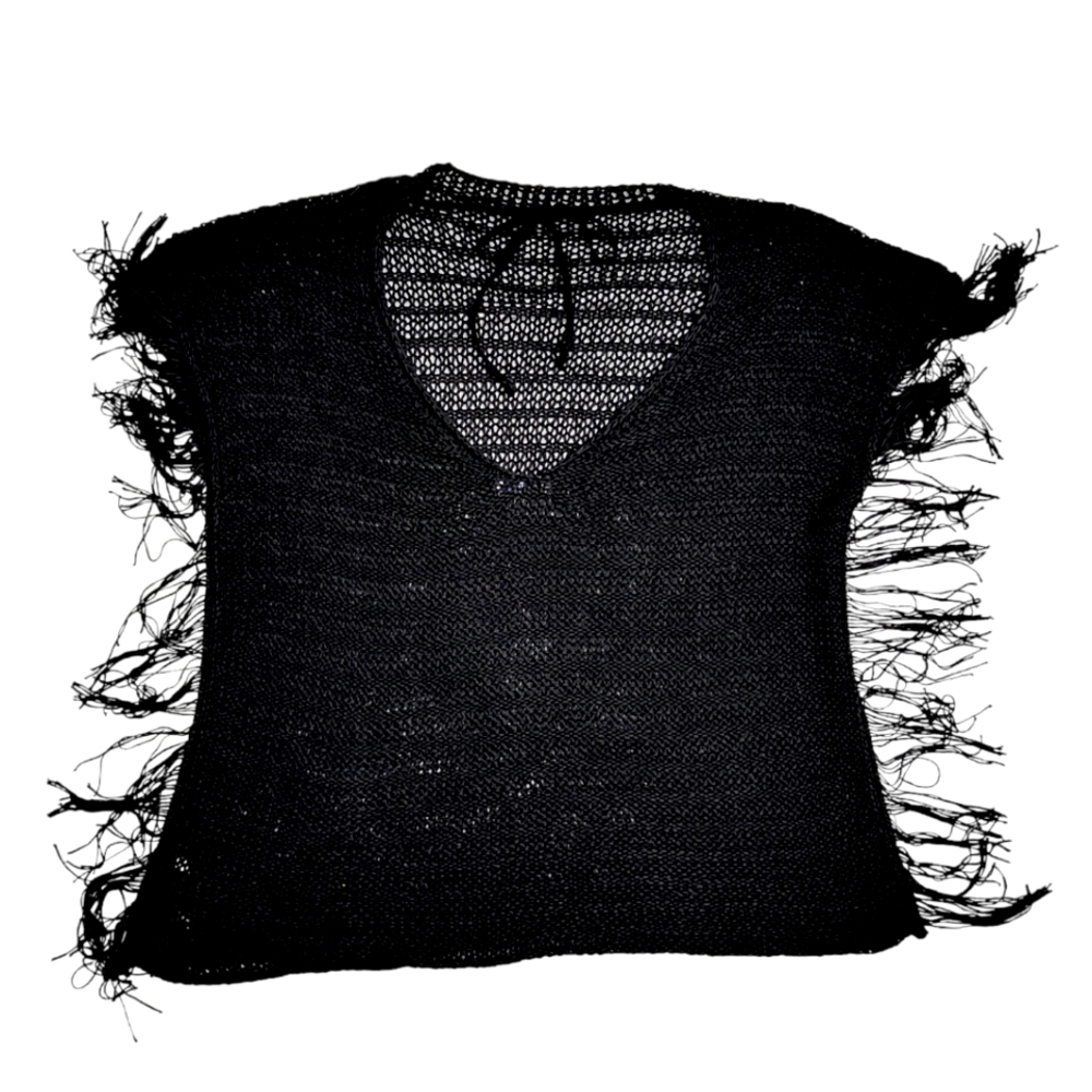 Zara Top Overlay Black Open Knit Fringe Tassle Boho Oversized Lightweight sz M
